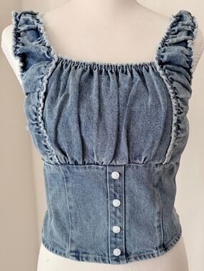 NWT Le Lis Collection Ruffled Denim Corset Top Light Wash Button Up